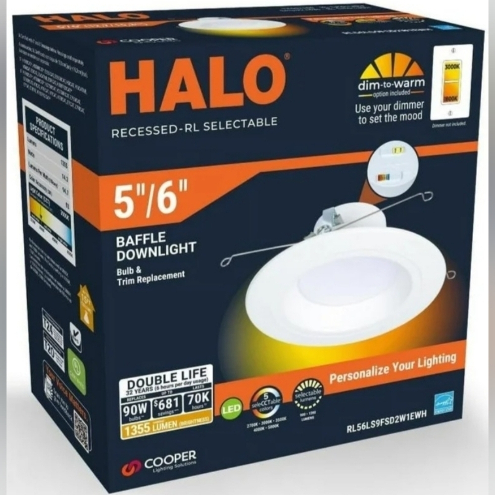 Halo Adjustable Baffle Downlight with Dim-to-Warm 5"/6" Bulb & Trim Replacement